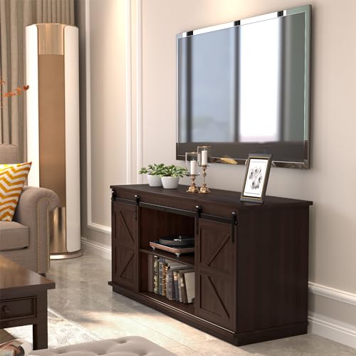 JUMMICO TV Stand for 65 Inch TV, Entertainment Center with Storage Cabinets and Sliding Barn Doors, Mid Century Modern Media TV Console Table for Living Room Bedroom (Brown) - color: Brown, size: Modern