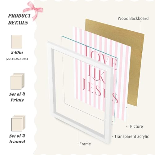 LARTSFRO Coquette Pink Bow Jesus Wall Art Decor Posters, Pink Bow Room Bedroom Bathroom Dorm Wall Art Decor Aesthetic for College Teen Girls Gifts, Inspirational Bible Verses Bow Wall Decor, 10x8 Inch Set of 4 Pcs Bow Pictures (WHITE FRAMED) - color: Whit