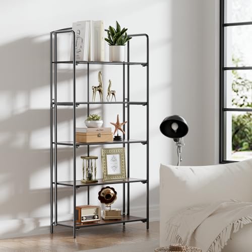 Crofy 5-Tier Wider Foldable Bookshelf, Black Frame & Walnut Shelves | Collapsible Portable Storage Organizer; Sturdy Walnut Finish Shelves; Ideal for Living Room & Home Office - color: Black Frame & Walnut Shelf, size: 5 Tier Wider