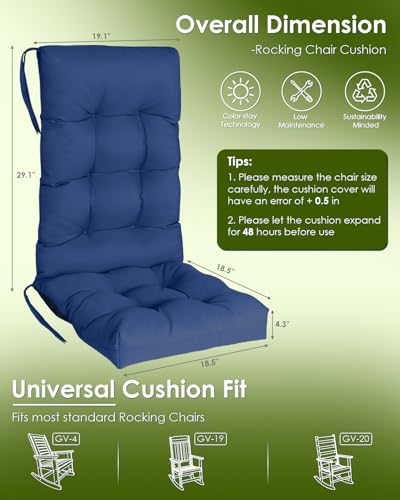 GREENVINES Rocking Chair Cushion | Polyester | Waterproof | Outdoor High Back Rocker Chairs Cushion | Seat with Ties | Non-Slip | Thickened Pad for Patio | 46.5" x 18.5" x 4.3" | Blue - color: Blue, size: 1PC