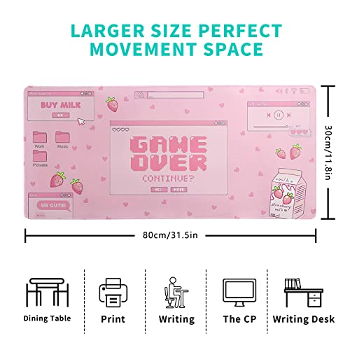 Pink Gaming Mouse Pad 31.5x11.8 Inch Pastel Game Over Large Mousepad Kawaii Office Decor for Women Non-Slip Rubber Base Stitched Edges Keyboard Mouse Mat Desk Pad for Office Home and Game - color: Game Over