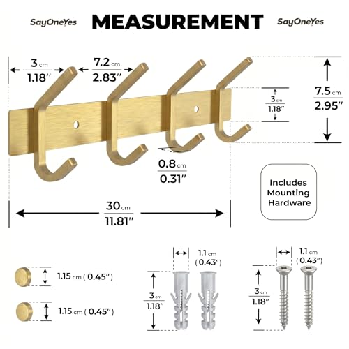 Brushed Gold Wall Mounted Coat Rack – 12 Inch Stainless Steel Rail with 4 Double Coat Hooks for Entryway, Bathroom, Bedroom, Kitchen – Modern Gold Hook Rack for Coats, Hats, Towels - color: Gold, size: 4 Hooks - 1 Pack
