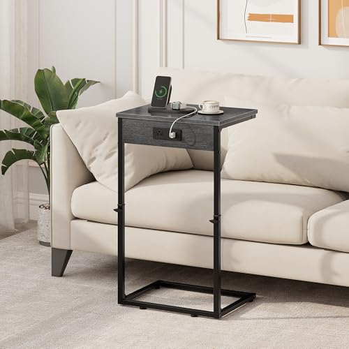 Vagusicc C Shaped End Table with Charging Station, Adjustable Height Side Table for Couch, Small Side Table, 33.2'' Tall Couch Tables that Slide Under, Tv Tray End Table for Living Room, Gray Walnut - color: Gray Walnut (1 Pack), style: With Plug