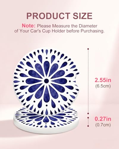 Swooflia Car Coasters for Women - Blue White Ethnic Car Cup Coasters Absorbent Cup Holder Coasters for Car 2 Pcs Ceramic Car Cupholder Coaster with Cork Base Car Interior Accessories - color: Blue White Ethnic