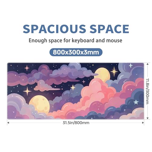 Cute Mouse Pad Kawaii Large Desk Mat Extended Keyboard Mouse Pad Pink Purple Cloud Mousepad with Non-Slip Base and Stitched Edge Gaming Mouse Mat Desk Pad 31.5 x 11.8 Mouse Pads for Desk Home Office - color: Colorful Clouds