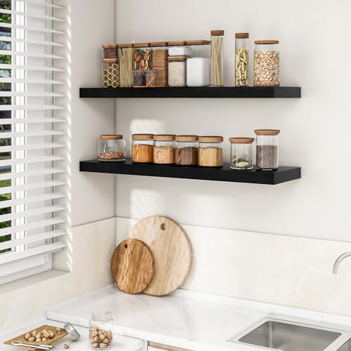 RICHFOCUS 40Inch Floating Shelves for Wall 1 Pack Shelves for Bedroom|Kitchen|Bathroom|Laundry Room Rustic Wood Wall Mounted Shelf with Invisible Brackets for Books|Storage|Decor, Black - color: Black, size: 39.4"L x 8"D, Set of 1
