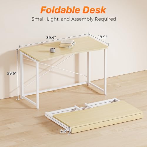 Huuger Folding Desk for Small Spaces, 39.3 Inch Foldable Computer Table, for Home Office, Study, Bedroom, Dorm, Space Saving, Small Writing Work Office Computer Desk, Easy to Fold, Oak - color: Oak, size: 18.9"D x 39.4"W