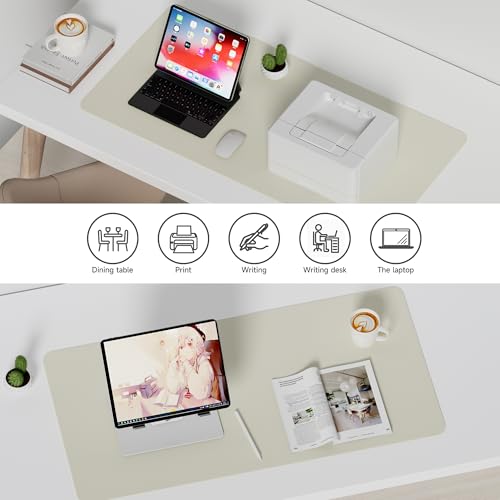 Leather Desk Pad, Non-Slip Suede Base, Stitched Edges, Dust-Proof Easy-Clean Surface, Mouse Pad & Desk Protector for Office and Home, Apricot White 23.6" x 11.8"
