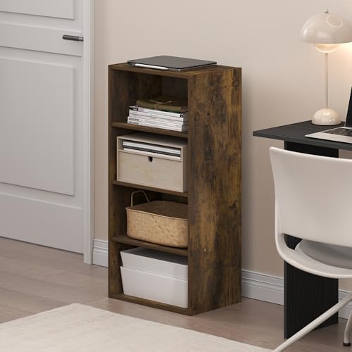 Furinno Basic Book Shelf, 4-Tier Bookcase with Open Shelf, Bookshelf, Cube Storage Organizer, 11 x 17 x 35, for Living Room, Bedroom, Home Office, Amber Pine - color: Amber Pine, size: 4-Tier, 11 x 17 x 35