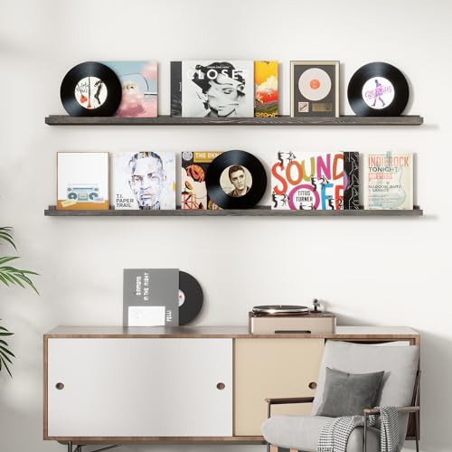 FLYJOE Picture Ledge Shelf, Floating Shelves Set of 2, Solid Pine Wood 72'' Long Large Nursery Book Shelves for Toys Storage, Kids Bookshelf for Living Room Bedroom Decor Books Photo Frames, Grey - color: Grey, size: 72'', set of 2