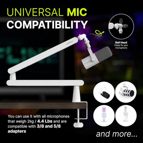 IXTECH White Microphone Boom Arm Stand Low Profile Boom Arm Adjustable Mic Stand with Built In Cable Management 360° Swivel Mic Arm. - color: 2 LIZARD