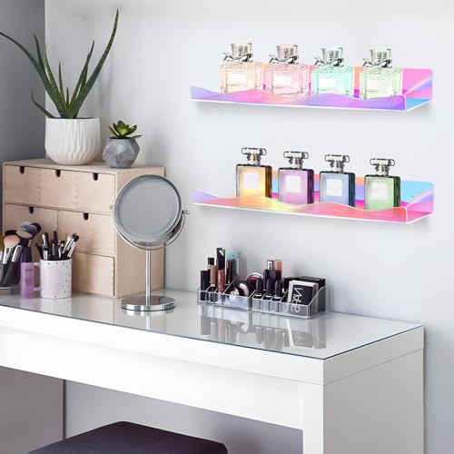 6 Pack Iridescent Acrylic Floating Shelves, 15.7" Clear Acrylic Display Shelves Bookshelf Wall Mounted, Bathroom Kids Room Home Storage Wall Decor Ledge Shelf for Skincare, Perfume, Nail Polish - style: 15.7 inch 6-pack, Iridescent