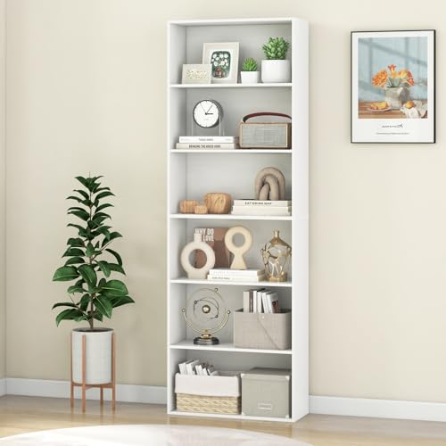 Giantex 6-Tier Bookcase, 70" Tall Wooden Bookshelf, Freestanding Storage Organizer w/Open Shelves, Anti-Tipping Kits, Modern Floor Standing Display Shelves for Living Room, Bedroom (1,White) - color: White, size: 23.5" x 9.5" x 70"