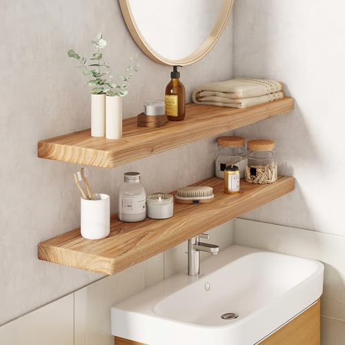 36" Rustic Elm Wood Floating Shelves, 8 Inch Deep Wall Shelves for Home Decor, Wall Mounted Floating Shelf with Invisible Bracket, Heavy-Duty Storage & Display Shelf for Living Room, Kitchen, Set of 2 - color: Usa-sourced Elm Wood, size: 36"W x 8"D