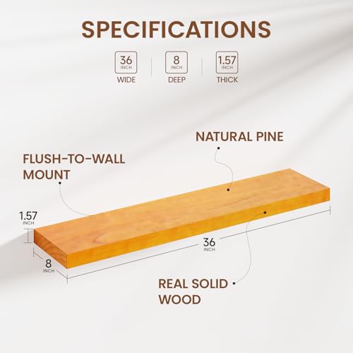 Heimlove Pine Wood Floating Shelves, 8 Inch Deep Real Wood Shelves Set of 2, Wall Mounted Rustic Wood 36x8 Floating Shelf with Invisible Brackets for Bedroom Kitchen Living Room - Honey Oak - color: Honey Oak, size: 36”Wx8”Dx1.6”H