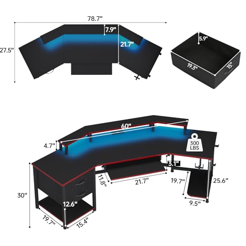 SEDETA 79" Gaming Desk, Computer Desk with 2 Fabric Drawers & LED Light, L Shaped Gaming Desk with Storage Shelf for Home Office, Carbon Fiber Black&Red - color: Carbon Fiber Black&red
