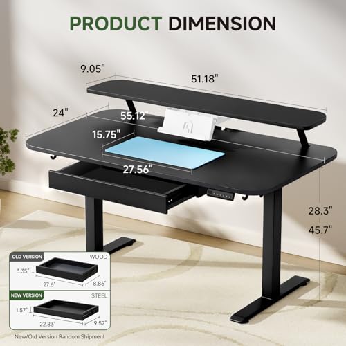 GTPLAYER Electric Standing Desk with Drawers, 55 x 24 Inches Height Adjustable Computer Desk with Monitor Stand, Laptop Stand, Sit Stand up Desk with Memory Preset for Home, Office, Black - color: Black, size: 55 x 24 Inches