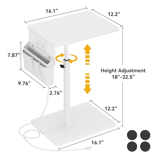 Vagusicc Sofa Armrest Tray Table for Couch - 360° Swivel Height Adjustable Side Table for Small Spaces, Snack Side Table for Bed or Chair, C Shaped End Table Snack Table for Eating Dinner Laptop - color: White, style: With Plug+Storage Bag