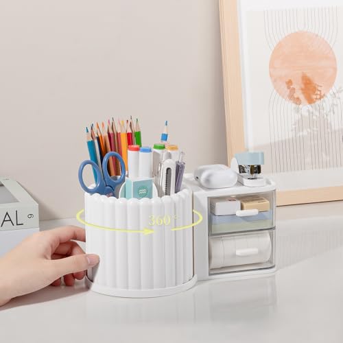 Anyoifax 360° Rotating Pen Holder 7 Slots Desk Organizer with Drawer Removable Pencil Cup Plastic Art Supplies and Accessories Desktop Storage Box Caddy for Office, School, Home (White) - color: White, size: Large