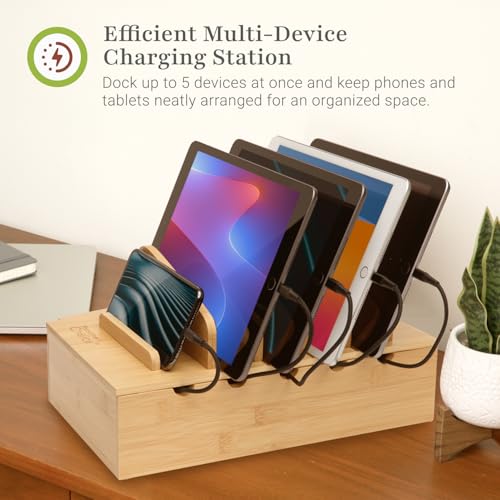 Prosumer's Choice Wooden Charging Station Organizer - 5-Port Base for Phones, Tablets and Laptops - Multi-Device Docking Station with Removable Divider Slots - Cord Box with Cable Management - Bamboo - color: Natural Bamboo, style: Original Design