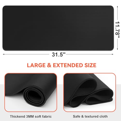 DIGSOM Gaming Mouse Pad Black Keyboard Pad 31.5 x 11.8in | XL Mouse mat, Smooth surface, Anti-slip rubber base, For keyboard and mouse, For home and office use - color: Black