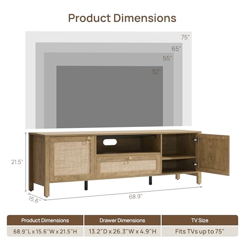 SICOTAS Rattan TV Stand for Living Room, 69" Boho TV Console Cabinet with Drawer & Adjustable Shelves, Large Entertainment Center with Storage for 55/65/75 Inch TVs