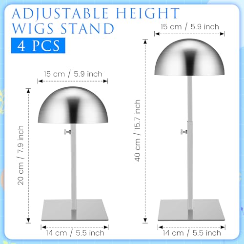 Sintuff 4 Pcs Hat Display Stand:adjustable 7.9-15.7inch Wigs Head Holder Stand Non Slip Stainless Steel Metal Rack for Multiple Hats Wig Storage Styling Practice(Silver,Square Base) - color: Silver, style: Square Base