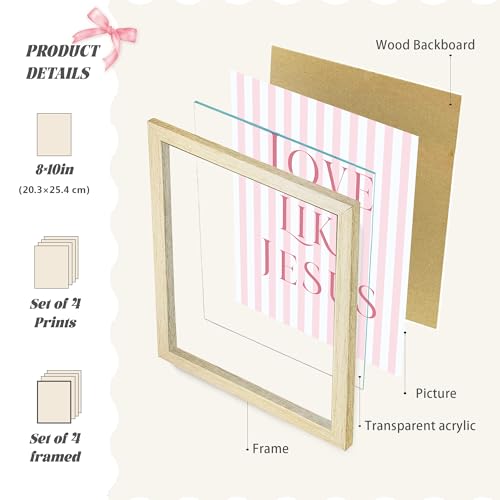 LARTSFRO Coquette Pink Bow Jesus Wall Art Decor Posters, Pink Bow Room Bedroom Bathroom Dorm Wall Art Decor Aesthetic for College Teen Girls Gifts, Inspirational Bible Verses Bow Wall Decor, 10x8 Inch Set of 4 Pcs Bow Pictures (WOOD-GRAIN FRAMED) - color: