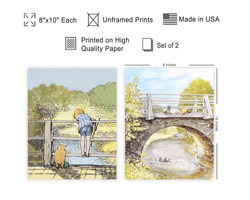 Monem Art Studio 2-Piece Vintage Winnie Pooh and Friends Poster - Winnie Pooh on Stone Bridge - Watercolor Art - Aesthetic Kids Room or Nursery Decor - 24x36 UNFRAMED Wall Art - color: Style-11, size: 8"L x 10"W