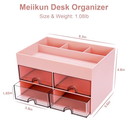 Meiikun Desk Organizer, Office Organizer with Drawer, Desk Accessories & Workspace Organizers, Pen Holder Office Supplies for Desk (4 Drawers+4 Compartments, Pink) - color: 4 Compartments + 4 Drawer (Pink)