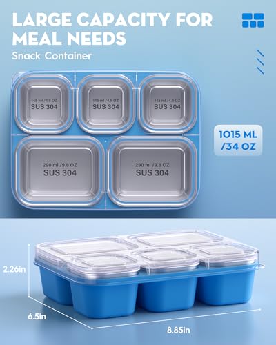 BiuLeon Snackle Box Containers, Stainless Steel 5 Compartments Divided Serving Tray with Lid, Removable LeakProof Portable Bento Box for Fruit Candy Nuts Food - School, Picnic and Travel(Blue) - color: Blue