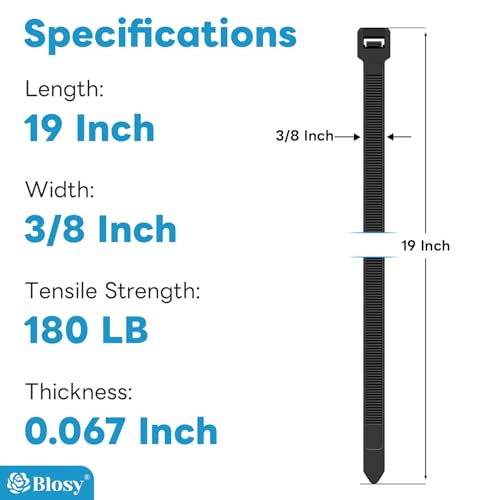 Heavy Duty Cable Ties 3/8" x 19" (100-Pack) - 180 lb Tensile Strength, Black Nylon Straps for Outdoor/Indoor Bundling