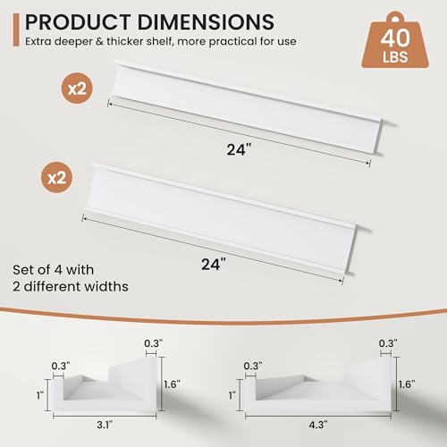 Fun Memories Picture Ledge Shelves Set of 4, 24 Inch Rustic Wall Mounted Floating Shelves with Lip for Home Storage and Décor in Bathroom, Kitchen, Nursery, Bedroom, Living Room, White - color: White, size: 24 inch, Set of 4