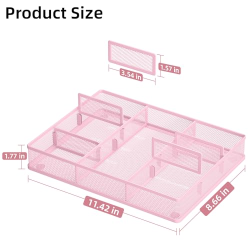 Marbrasse Pink Desk Drawer Organizer, Metal Mesh Drawer Organizer Tray with 5 Adjustable Compartments,Desk Organizers and Accessories for Home,Office,Kitchen,Makeup,Vanity (Pink) - color: Pink