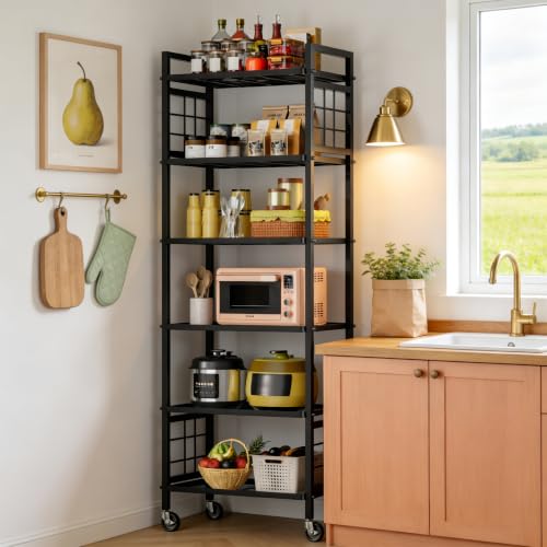 GIOTORENT 6-Wire Standing Storage Shelf with Wheels, Mobile Metal Shelving Unit for Bathroom Organizers & Laundry Room, Kitchen Pantry Rack, Heavy Duty Utility Shelf, Black - color: Black, size: 12.7D x 16.9W x 66.5H (6Tier-with-wheel)