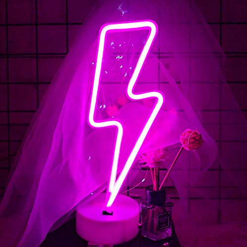 Pink Lightning Bolt Neon Sign, Aesthetic Room Decor for Bedroom, Battery/USB Operated LED Light with Base - color: Pink