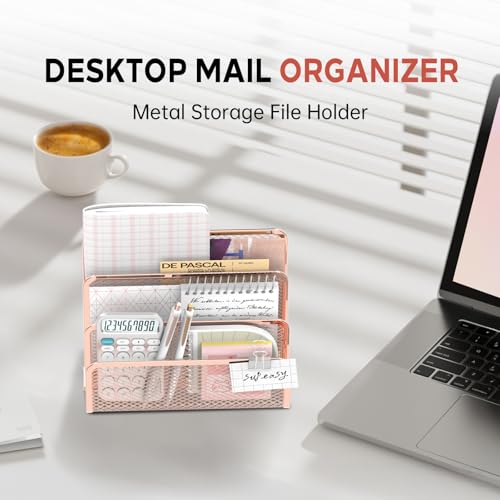 SUPEASY Mail Organizer for Desk, Mesh Metal Mail Holder Countertop with 3-Slot, Letter Sorter File Holder, Office Envelope Organizer for Mails (Rose Gold) - color: Rose Gold