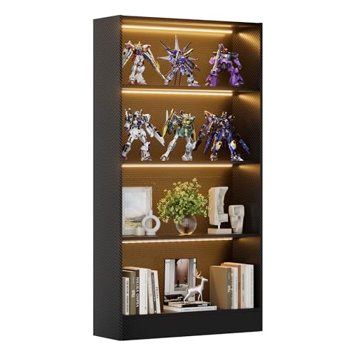 CODACE Tall Wooden Black Bookshelf - Display Shelf with LED Lights, Lighted Book Shelf with 4-Tier Shelves,Large Display Bookshelves for Collectibles, Modern Bookcase for Bedroom, Living Room, Office - size: 4 Tiers - 10.2"D x 27.6"W x 59.1"H