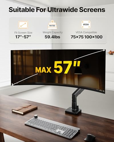 monTEK Sleek Aluminum Monitor Arm for 17–57” Ultrawide Screens up to 59.4 lbs, Heavy Duty Single Monitor Arm Desk Mount, Pneumatic Lift, Quick-Release Plate, Clamp/Grommet, Max VESA 100x100 - color: Black, size: Single Arm without USB
