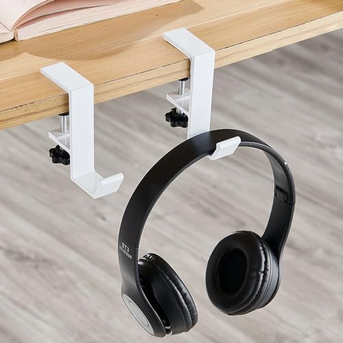 2Pcs Clamp-On Under Desk Headphone Holder Students' Desk Hook Women's Bag Hook with Adjustable Arm Clamp Backpack Handbag and Purse Holder - Suitable for Plate Between 1-5cm / 0.4-1.96” - White - color: White
