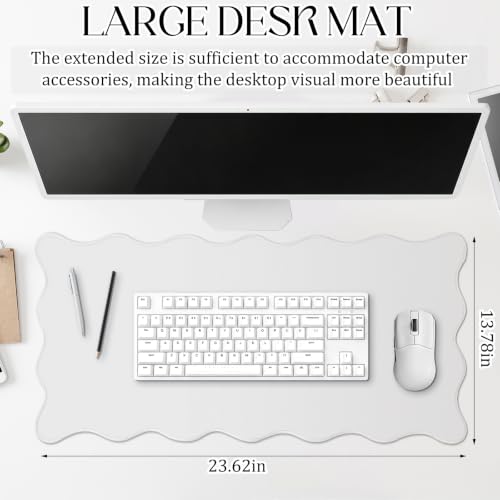 Hahafelt Scalloped Desk Mat Large Desk Pad Cute Coquette Table Mat Back to School Preppy Table Make up Pad Nonslip Graduation Gift with Stitching Waterproof Gaming(White,23.6 x 13.8 Inches) - color: White, size: 23.6 x 13.8 Inches
