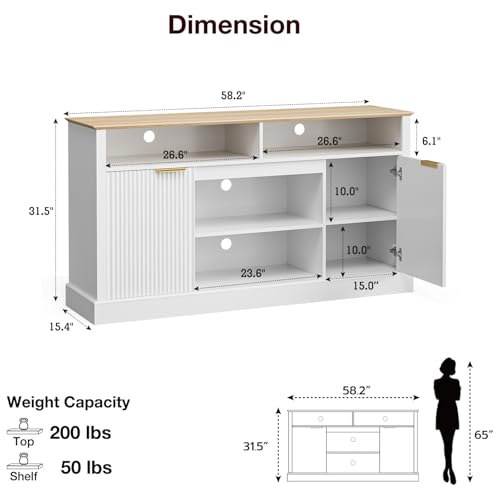 LCRBOL TV Stand for up to 65" TV, Mid-Century Entertainment Center, White | 63"W x 15.4"D x 25"H, 2 fluted cabinets, 1 drawer & open shelves, natural top, top holds 180 lbs, ~90 min assembly - color: White & Natural