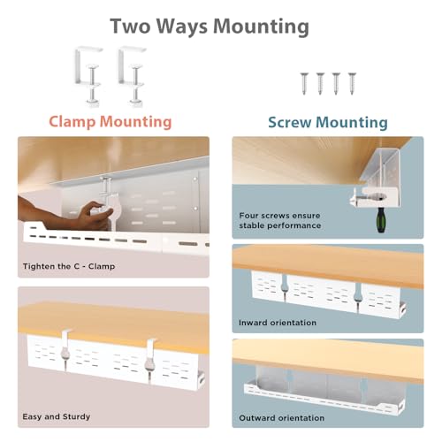 Univivi Under Desk Cable Management Tray - 32" Steel Cord Organizer, No-Drill C-Clamp & Screw Mount for Office/Home, Effortless Wire Management (White) - color: White, size: 32"