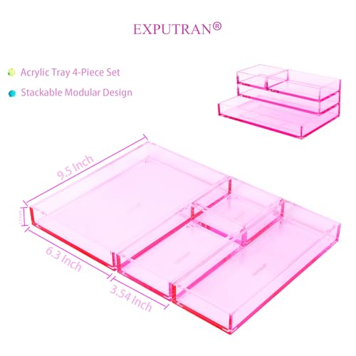 4-Piece Stackable Pink Acrylic Desk Organizer for Office or Home Desk Drawer Dividers, Makeup Vanity Storage Bins, Accessory Acrylic Tray/Half Accessory Tray/Small Tray - color: Pink