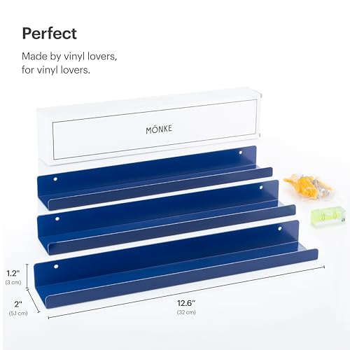 Vinyl Record Shelf - 3 Metal Display Shelves - Wall Mount Now-Playing Vinyl Shelves - an Album Record Holder that Doubles as a Picture Ledge - Fits All Records (Blue) - color: Metal (Blue)