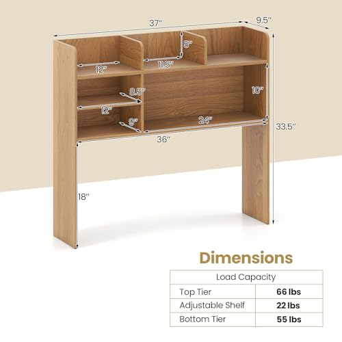 Tangkula Desktop Bookshelf for Computer Up to 32”, 37” Countertop Storage Hutch with 6 Storage Shelves, 3-Tier Desktop Organizer Display Rack, Wooden Desk Hutch for Dorm Home Office (Natural) - color: Natural, size: 6 Shelves