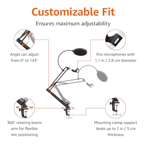 Amazon Basics Adjustable Microphone Boom Arm Stand, 14 inch, Supports Standard Microphones, Adjustable Tension, Includes Pop Filter & Windscreen, Desk Clamp Mount, Black - size: 14 inch