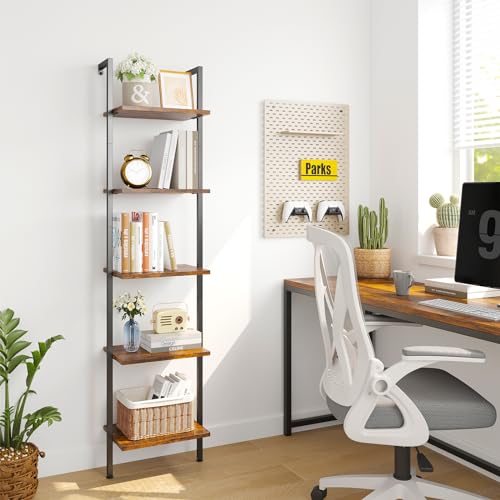 ELYKEN Ladder Shelf, 5-Tier Wood Wall Mounted Bookshelf with Metal Frame, Vintage Open Display Organizer Rack, Leaning Storage Shelves for Living Room, Bedroom, Home Office, Rustic Brown - color: Rustic Brown