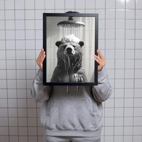 XYHYRA Funny Bear Bathroom Wall Art, Black and White Animal Shower Canvas Print Picture, Cute Bear Taking Bath Poster, Modern Farmhouse Bathroom Restroom Home Wall Decor 16x24 inch Wood Framed - color: Black and White Animation-C, size: 24"L x 16"W