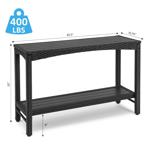 Outdoor Console Table Patio Buffet Bar Storage Organizer 45" Long Wicker Sofa Serving Sideboard Table 2-Shelf Outdoor Narrow Bar Table Tall Rectangle with Adjustable Feet for Entryway Black - color: Black